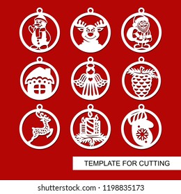Set of Christmas decorations - balls with Santa Claus, reindeer, candle, angel, snowman, mitten, fir cone, Christmas tree, house. Template for laser cutting. New Year theme. Vector illustration.