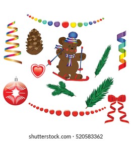 set of Christmas decorations bear on skis serpentine road ribbon garland balls pine cone isolated on white background vector elements for design