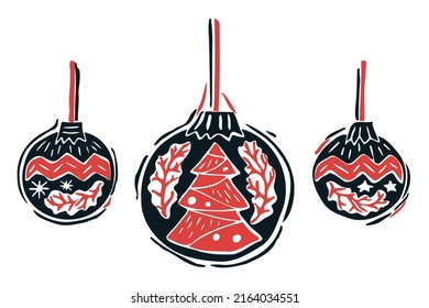 Set of Christmas decorations with branches, snowflakes and Christmas tree. Hand-drawn Vector illustration in linocut style. Red, black, white Scandinavian folk art design with an ornament. Block print