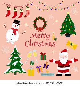 Set of Christmas decorations and characters: Santa Claus, Snowman, candle, wreath, Christmas tree, gifts, garlands, socks, snowflakes