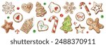 Set of Christmas decorations. Collection of different Gingerbread Cookies. Watercolor illustration of hand painted christmas cookies: man, tree, stars, heart, noel, house, snowflake, candy.