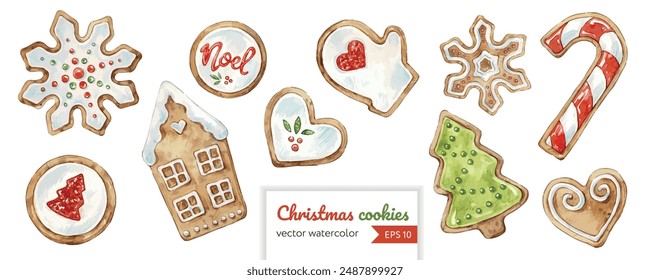 Set of christmas decorations. Collection of different gingerbread cookies. Watercolor illustration of hand painted christmas cookies: man, tree,stars, candy.