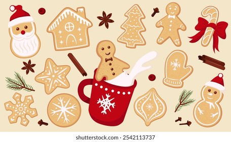 Conjunto de decorações de Natal. Coleção de diferentes biscoitos de gengibre. Ilustração bonita de biscoitos de Natal decorados: Papai Noel, estrela, boneco de neve, árvore, floco de neve, mitten, casa, floco de neve, doce. 