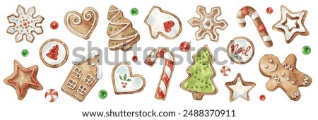 Set of Christmas decorations. Collection of different Gingerbread Cookies. Watercolor illustration of hand painted christmas cookies: man, tree, stars, heart, noel, house, snowflake, candy.