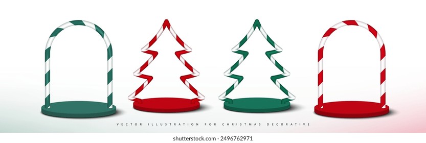 Set of Christmas decorations design with Arch and Tree shape on empty base stand on white background. Collection of Red, Green Colors for Xmas Holiday Decorative. Vector illustration.