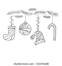 Set of Christmas decorations in doodle style. Pattern for kids coloring page. Vector illustration.