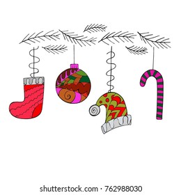 Set of Christmas decorations in doodle style. Color pattern.