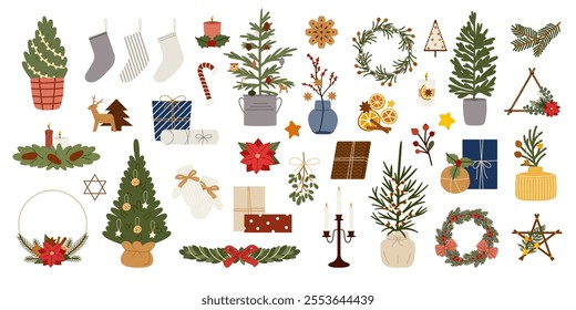 Set of Christmas decorations eco-friendly concept. Winter holiday elements and symbols. Green trees, wreaths, gifts, stockings and ornaments. Sustainable stuff bundle. Flat vector illustrations