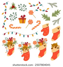 Set of Christmas decorations elements and prints isolated on a white background. Holiday gifts and sweets. Happy New Year collection. Nice stockings and holly and fir branches. Cozy winter kit.