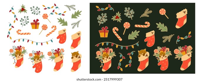 Set of Christmas decorations elements and stickers. Sweet and gifts collection. Holly and spruce branches. Nice cartoon funny cat in a holiday stocking and mitten.