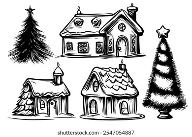 A set of Christmas decorations featuring a house, a tree, and a star. The house is a small cabin with a chimney, and the tree is a Christmas tree