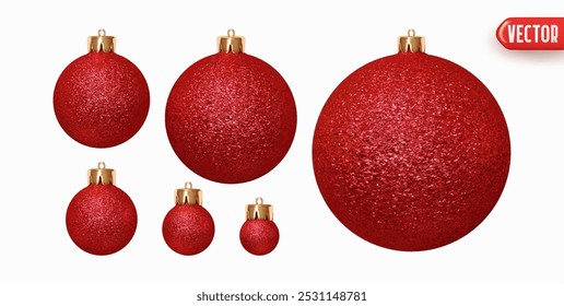 Conjunto de decoraciones navideñas en forma de bolas con destellos de diseño realista en 3D. Bolas de adornos de Navidad en brillos. Colección de Elementos de vacaciones del año Nuevo redondos adornos decorativos. Ilustración vectorial