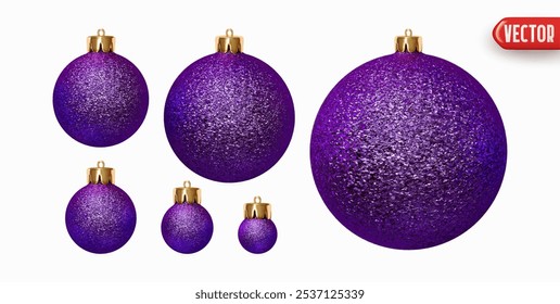 Conjunto de decorações de Natal em forma de bolas com brilho realista 3d design. Xmas enfeites bolas em brilho. Coleção de elementos de Ano Novo feriado em torno de baubles decorativos. Ilustração vetorial