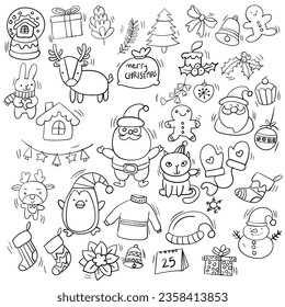 Set with Christmas decorations, gift boxes, angel, Santa, sleigh, gnome, reindeer, house. Hand drawn doodle vector illustration isolated on white. Great for Xmas card, poster design. Black outline.