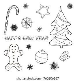 A set of Christmas decorations. Ginger man, snowflakes, Christmas tree, candy cane, mittens, Christmas ball, star