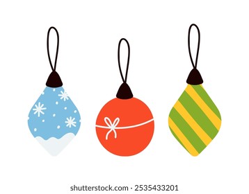 Set of Christmas decorations. Glass ball, drop. Hand drawing style.