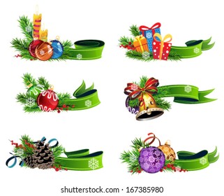 Set of Christmas decorations with green ribbons on white background