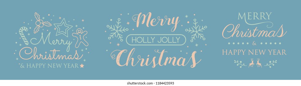 Set with Christmas decorations and greetings. Vector.