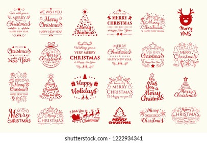 Set with Christmas decorations and greetings. Vector.