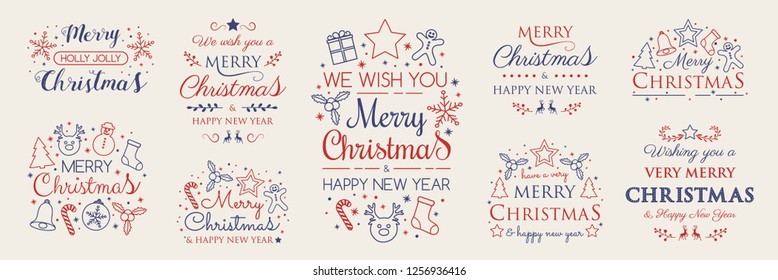 Set with Christmas decorations and greetings. Vector.