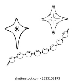 Set of Christmas decorations. Hand drawn vector illustration with stars. Design elements for greeting card or invitation. Black outlines, white background