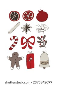 Set Christmas decorations. Happy new year. Christmas items. For the design of Christmas and New Year cards. Vector illustration. Hand-Drawn.
