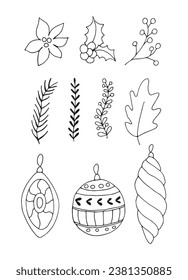Set Christmas decorations. Happy new year. Christmas items. For the design of Christmas and New Year cards. Vector illustration. Hand-Drawn.