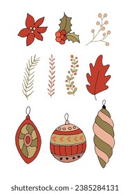 Establece decoraciones navideñas. Feliz año nuevo. Artículos de Navidad. Para el diseño de tarjetas de Navidad y Año Nuevo. Ilustración vectorial. Destituido A Mano.