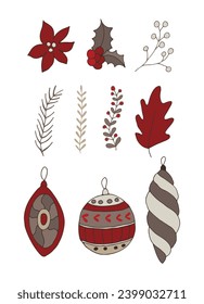 Set Christmas decorations. Happy new year. Christmas items. For the design of Christmas and New Year cards. Vector illustration. Hand-Drawn.