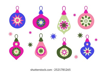 Conjunto de decoraciones navideñas resaltadas sobre un fondo blanco. Vector Bolas de Navidad coloridas en colores rosa, dorado y azul en estilo plano.