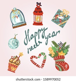 Set of Christmas Decorations for Home and Greeting Text. Christmas and New Year Card Template. Perfect for Web, Greeting Card and Sticker Kit