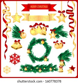 set of Christmas decorations isolated on white background.Gold and red tree ornaments.collection of New Year elements.vector