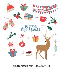 Set of Christmas decorations and items on a white background. Isolated decor in vector. Happy New Year!