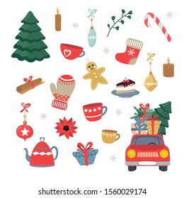 Set of Christmas decorations and items on a white background. Isolated decor in vector. Happy New Year!