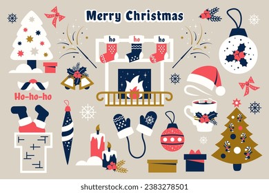 Set of Christmas decorations. Modern festive elements with fur tree branches, presents, jingle bells, Santa hat, fireplace, candy cane, Christmas socks, mustache, chimney, cup of hot cocoa. Vector