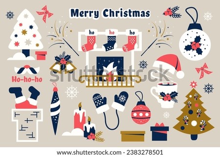 Set of Christmas decorations. Modern festive elements with fur tree branches, presents, jingle bells, Santa hat, fireplace, candy cane, Christmas socks, mustache, chimney, cup of hot cocoa. Vector