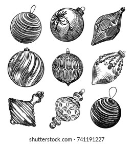 Set of Christmas decorations. Christmas and New Year icicle toy element collection. Hand drawn  glass balls isolated on white. Vector.