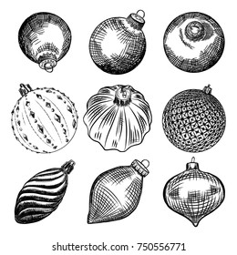 Set of Christmas decorations. Christmas and New Year icicle toy element collection. Hand drawn  glass balls isolated on white. Vector.