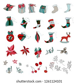 Set of Christmas decorations on a white background. Multi-colored decorations on the Christmas tree. Elegant Merry Christmas card vector Free Vector in Christmas 