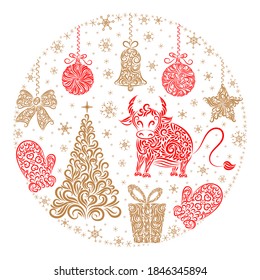 A set of Christmas decorations from ornate elements: bull, Christmas tree, Christmas balls, bell, star, gift, bow, mitten, snowflakes. Stock vector illustration. Isolated white background. Card.