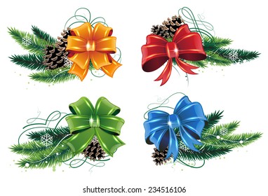 Set of Christmas decorations with pine branches, cones and bows on white background