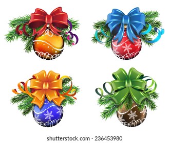 Set of Christmas decorations with pine branches, cones and bows on white background