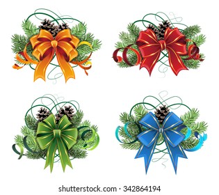 Set of Christmas decorations with pine branches, cones and bows on white background