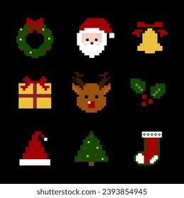 Juego de Decoraciones de Navidad estilo de arte de píxeles sobre fondo negro