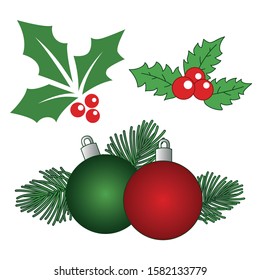 Set of Christmas decorations with red and green balls, fir-tree branches, Holly, red berries, Christmas bubble isolated on white background. Vector Illustration.