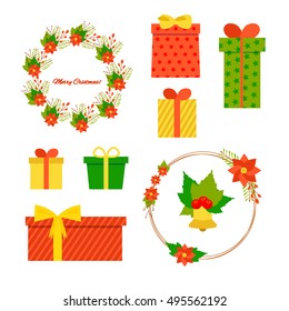 A set of Christmas decorations. Red; green with gold bouquets, gifts