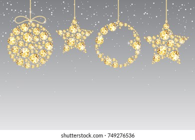 Set of christmas decorations of sparkling precious gems. Golden  shining diamonds, star and circle shape. For New Year and xmas design.