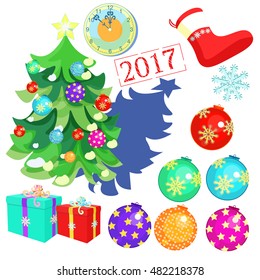 set of Christmas decorations, toys, balls, Christmas tree, clock, twelve, gifts, Santa Claus socks, 2017 vector illustration