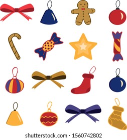 A set of Christmas decorations of toys on a white background. Holiday cartoon illustration