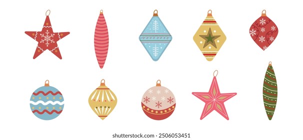 Conjunto de decoraciones navideñas. Navidades de juguetes. Decoración del árbol de Navidad. Vector.